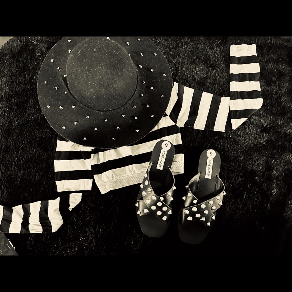 Steve Madden Spiked Black Leather Flat Slides